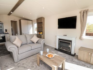 A living room with a gray sofa, wooden coffee table with mugs and croissants, wall-mounted TV above a fireplace and a window at Foxglove Lodge in Runswick Bay near Staithes