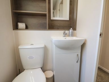 A bathroom with a toilet a sink a mirror and shelving at Foxglove Lodge in Runswick Bay near Staithes
