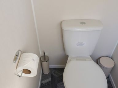 A toilet with a toilet paper roll on holder and a toilet brush stand in a bathroom at Foxglove Lodge in Runswick Bay near Staithes