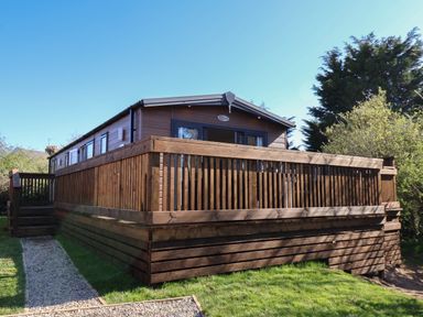 A wooden cabin with a raised deck and railing surrounded by grass and trees at Tulip Lodge in Runswick Bay near Staithes