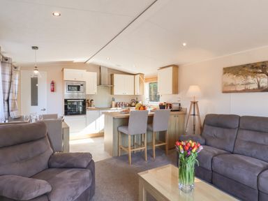 A living room with sofas and a table with flowers next to a kitchen with island and bar stools at Tulip Lodge in Runswick Bay near Staithes