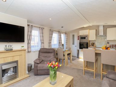An open plan living room and kitchen with a brown armchair a wooden dining table and kitchen island at Tulip Lodge in Runswick Bay near Staithes
