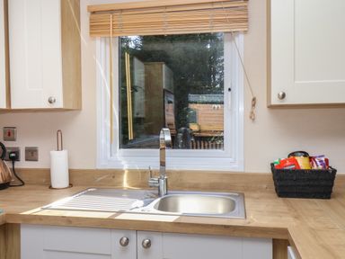 A kitchen sink with a faucet under a window with a wooden blind and a countertop with a paper towel holder and a black basket with snacks at Tulip Lodge in Runswick Bay near Staithes