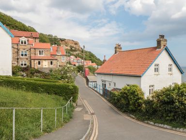 A view of houses along a winding road at Tulip Lodge in Runswick Bay near Staithes