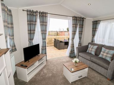 A living room with a gray sofa and plaid cushions a coffee table and a TV on a stand with plaid curtains and a view of an outdoor patio at Rose Lodge in Runswick Bay near Staithes