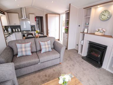 A living room with a sofa dining table kitchen and fireplace at Rose Lodge in Runswick Bay near Staithes