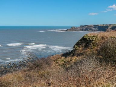 A coastal cliff with vegetation overlooking the sea and rocky shore at Rose Lodge in Runswick Bay near Staithes