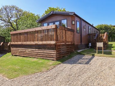 A wooden cabin with a deck and railing on a grassy area next to a gravel path at Rose Lodge in Runswick Bay near Staithes
