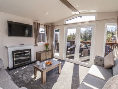 A living room with a wall-mounted television above a fireplace and a coffee table with cups and a plate of pastries at Honeysuckle Lodge in Runswick Bay near Staithes