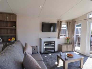 A living room with a grey sofa coffee table fireplace and TV at Honeysuckle Lodge in Runswick Bay near Staithes