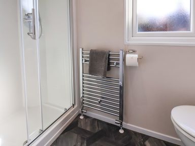 A bathroom with a shower enclosure a chrome towel radiator with a towel a frosted window a toilet and a toilet paper holder at Honeysuckle Lodge in Runswick Bay near Staithes