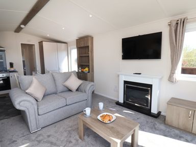 A living room with a gray sofa two pillows a wooden coffee table with cups and pastries a fireplace and a wall-mounted TV at Lilac Lodge in Runswick Bay near Staithes