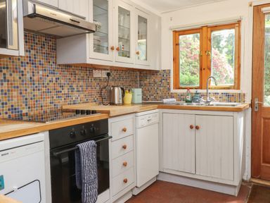 A kitchen with wooden countertops white cabinets a stove a dishwasher a kettle and a window showing greenery at Can Yr Afon in Beddgelert