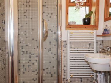 A bathroom with a tiled shower, a white heated towel rail, a sink, and a window with a flower pot at Can Yr Afon in Beddgelert