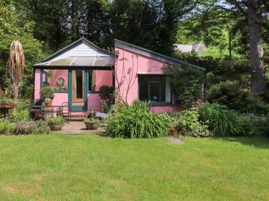A pink cottage with green trim surrounded by plants and a lawn at Can Yr Afon in Beddgelert