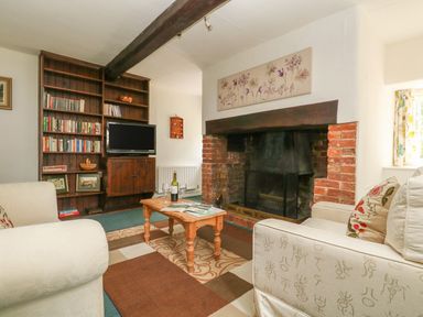 A living room with armchairs a coffee table bookshelves a television and a fireplace at Thatch Cottage in Buckland Newton