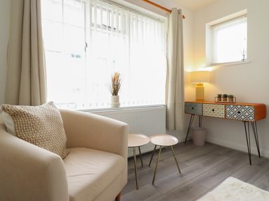 A sitting area with an armchair a nested side table and a console table with a lamp and plants at The Old Coach House in Conwy