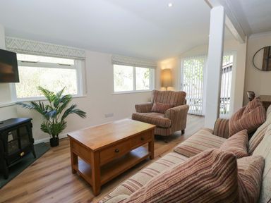 A living room with a coffee table and armchair at Beech Timber Lodge in Keswick