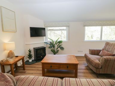 A living room with a sofa and coffee table at Beech Timber Lodge in Keswick