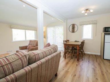A living room with a dining area and kitchen appliances at Beech Timber Lodge in Keswick