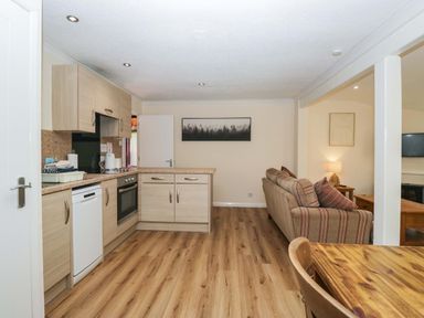 A kitchen with a couch and dining area at Beech Timber Lodge Keswick