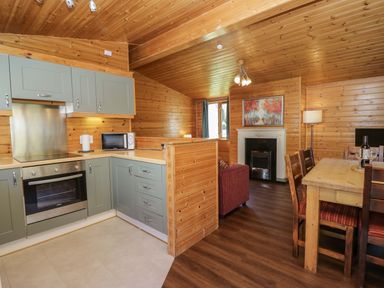 A kitchen with dining area and fireplace at Elm Lodge in Keswick