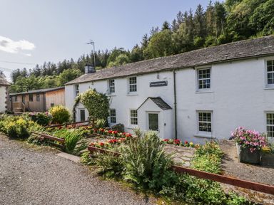 A white cottage with multiple windows and garden with flowers and plants at Riverside Cottage No 3 in Keswick