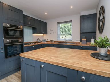 A kitchen with blue cabinets wooden countertops a double oven a gas stove a window above the sink and a plant on the island at Garden Cottage No 1 in Keswick