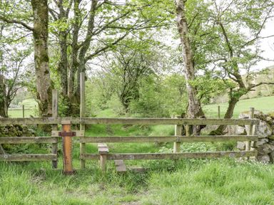 A wooden stile over a fence leading to a grassy path with trees on both sides at Briery House in Keswick