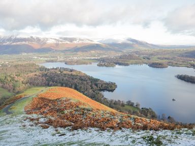 A landscape with a lake surrounded by trees and hills with snow on the ground and distant mountains at Briery House in Keswick