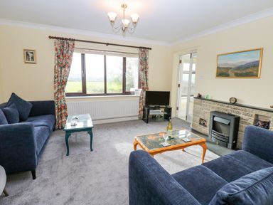 A living room with two blue sofas two coffee tables a TV and a fireplace at Pinegarth in Catton near Allendale