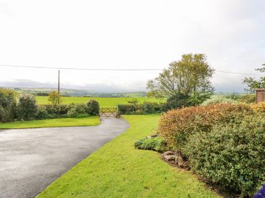 A driveway with grass and hedges leading to a wooden gate and fields beyond at Pinegarth Catton near Allendale