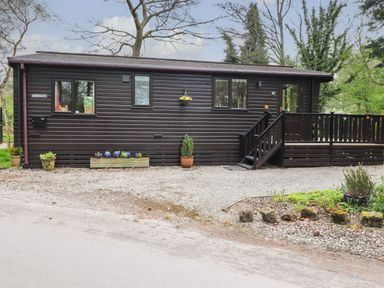 An exterior view of a dark wooden lodge with windows stairs and planters at Derwent Lodge in Keswick