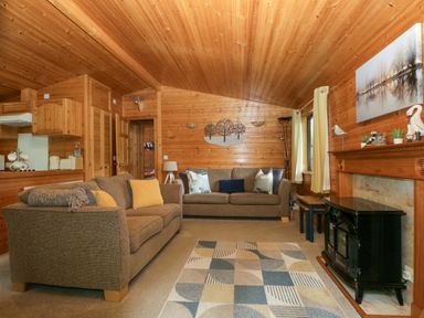A living room with a sofa and fireplace at Derwent Lodge in Keswick