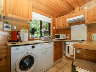 A kitchen with appliances including a washing machine and microwave at Derwent Lodge in Keswick