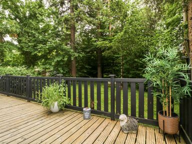 An outdoor area with decking, plants, and surrounded by trees at Derwent Lodge in Keswick