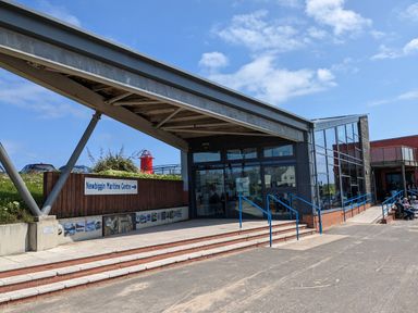 Entrance of Newbiggin Maritime Centre with stairs and blue handrails under a metal canopy at Fairwinds in Newbiggin-By-The-Sea