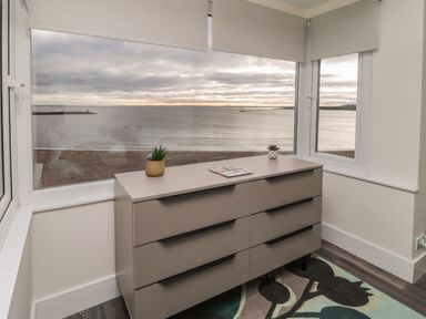 A dresser with plants on top in front of windows overlooking the sea at Fairwinds in Newbiggin-By-The-Sea