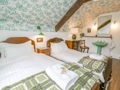 A bedroom with two beds a green sink a wooden chest of drawers and leafy patterned wallpaper at Ty Sinsir in Tretower