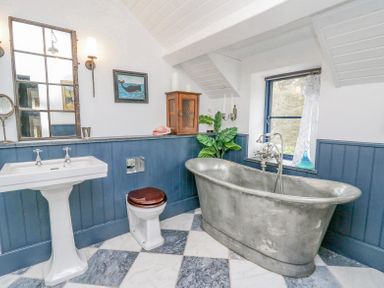 A bathroom with a metal bathtub sink toilet and window at Ty Sinsir in Tretower