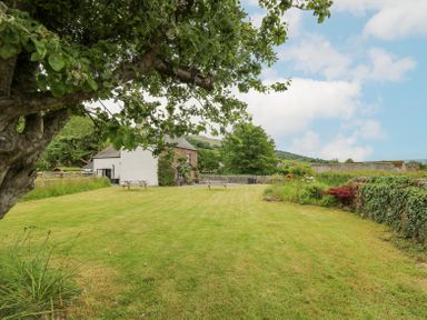 A large grassy garden with picnic benches and a tree next to a house at Ty Sinsir in Tretower