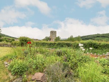 A garden with red and white flowers and an old stone tower in the background at Ty Sinsir in Tretower