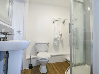 A bathroom with a toilet sink shower and two towels hanging on a glass shelf at Braeside Lyme Regis
