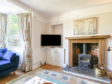 A living room with a wood burning stove fireplace television floral curtains and a blue armchair at Braeside in Lyme Regis