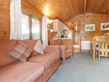 A living area with a sofa and armchair next to a window and a dining table in a wooden cabin at Ennerdale Lodge Burnside Park near Keswick