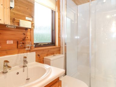 A bathroom with a sink toilet shower and wooden walls at Ennerdale Lodge in Burnside Park near Keswick