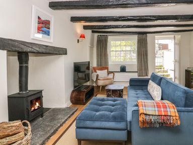 A living room with a wood burning stove blue sofa armchair and television at Old Farm Cottage in Skelwith Fold