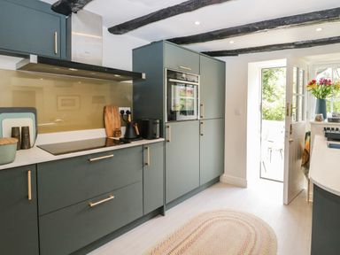 A kitchen with green cabinets a stove an oven and an open door showing an outdoor area at Old Farm Cottage in Skelwith Fold