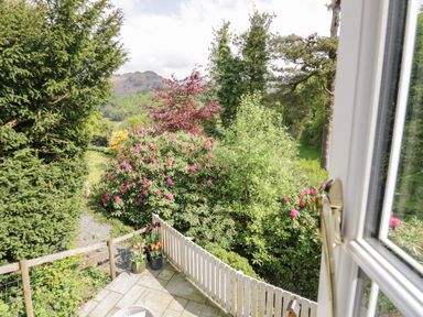 View of garden with flowering bushes trees and distant hills from a window at Old Farm Cottage in Skelwith Fold
