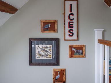 A wall with framed bird and animal pictures and a vertical sign reading ICES at Lark Rise in Alnmouth